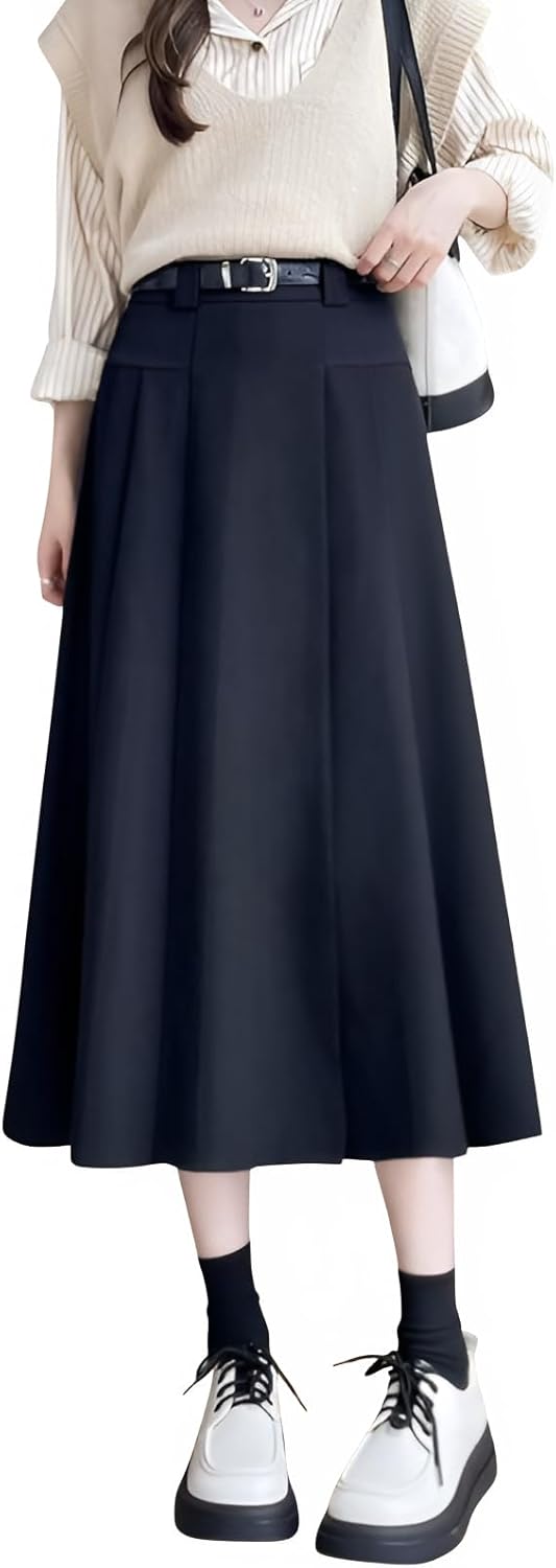 [Caividom] スーツスカート 女性用 春夏 韓国風高腰デザイン 3-5cmアップ ドレープ感Aラインプリーツスカート ミディ