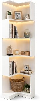 Corner Bookshelf, 5 Tier Tall Corner Bookcase with LED Lights, Freestanding L Shaped Open Display Shelf for Living Room, Bedroom, Home Office White