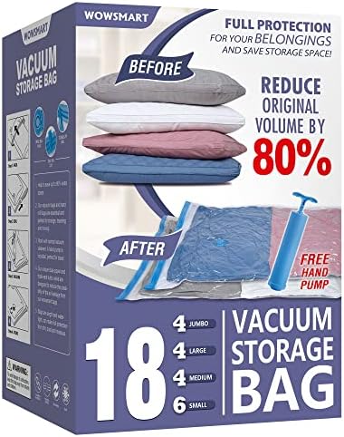 18 Space Saver Vacuum Storage Bags, Vacuum Sealed Storage Bags (4 Jumbo/4 Large/4 Medium/6 Small) with Hand Pump, Vacuum Seal Bags for Clothing, Comforters, Pillows, Towel, Blanket Storage, Bedding