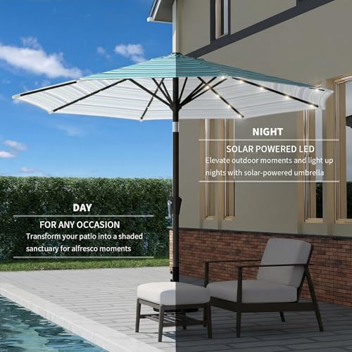 Image of 9FT Patio Umbrella with Solar Lights,Outdoor Market Umbrella with Tilt and Crank, LED Lighted Table Umbrella for Garden,Deck,Backyard,Pool,Beach (Blue Green Stripes)