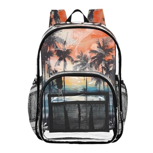 Palm Tree Painting Clear Backpack, Heavy Duty PVC Transparent Backpack, See Through Multiple Pockets Backpack for Travel, College, Work