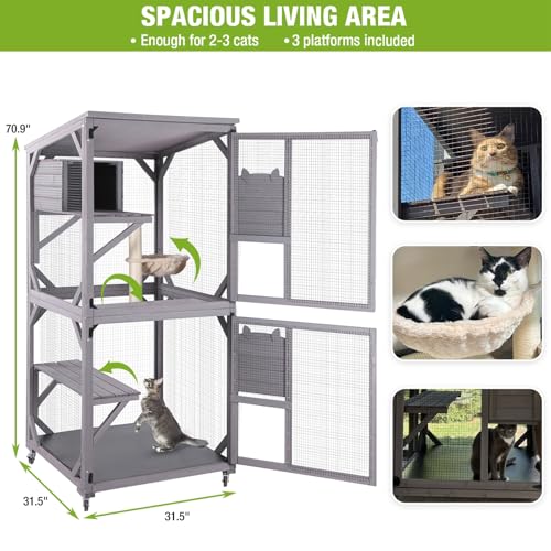 Image of GUTINNEEN Cat House Mobile Catio for Outdoor Enclosure with Waterproof Roof Feral Cat Cage On Wheels,Bird Cage with Upgraded Resting Box,70.9 inch