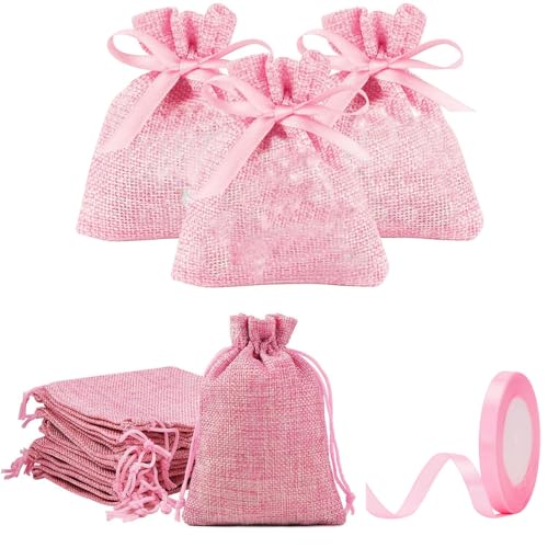 MEISO Lot de 30 sacs en jute pour confettis, sacs à dragées avec ruban de satin pour mariage, baptême, communion, naissance, fête d'anniversaire (Rose)