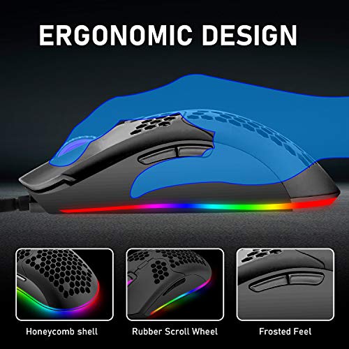 Wired Lightweight Gaming Mouse,6 Rgb Backlit Mouse With 7 Buttons Programmable Driver,6400Dpi Computer Mouse,Ultralight Honeycomb Shell Ultraweave Cable Compatible With Pc Gamers,Xbox,Ps4 (Black) #TOP3