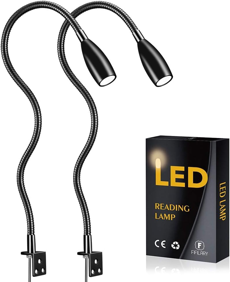 Licchily LED-Leselampe Nachttischlampen 200Lm / 3000K / 3W / 110-240V AC Abstrahlwinkel: 30 Schwanenhalslänge: 48cm Netzkabellänge: 2m Warmweiß 2 Stück (Ein- / Aus-Schalter) (schwarz)