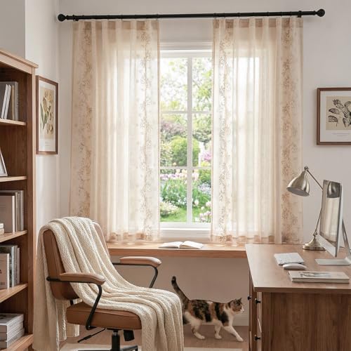 Image of jinchan Floral Linen Curtains, Back Tab 50x63 Inch, 2 Panels Beige