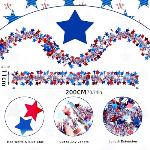 Image of 50Ft 4th of July Tinsel Garland Decorations, Glitter Red White Blue Star Metallic Patriotic Garland for Independence Day Memorial Day Car House Decor, Indoor Outdoor Party Supplies (50ft)