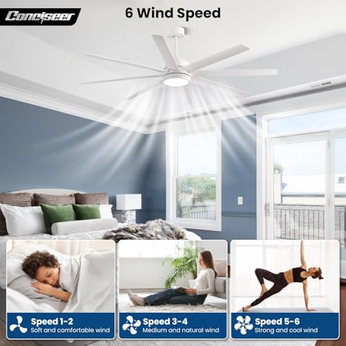 Image of Conciseer 65 Inch Ceiling Fan with Light and Remote Control for Bedroom Living Room Kitchen Home Office, Indoor /Outdoor Use, 6CCT Dimmable, 8 Blades 6 Speed Reversible Quiet DC Motor, White