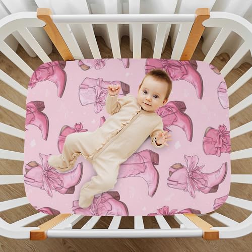 Image of Western Cowgirl Boots Pinks Crib Sheets Soft Breathable Fitted Baby Crib Sheets Mattress Cover for Girls Boys, 52 inch x 28 inch x 9 inch