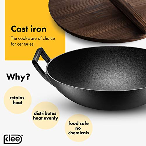Klee Pre-Seasoned Cast Iron Wok with 2 Handles and Wooden Wok Lid, 14-inch