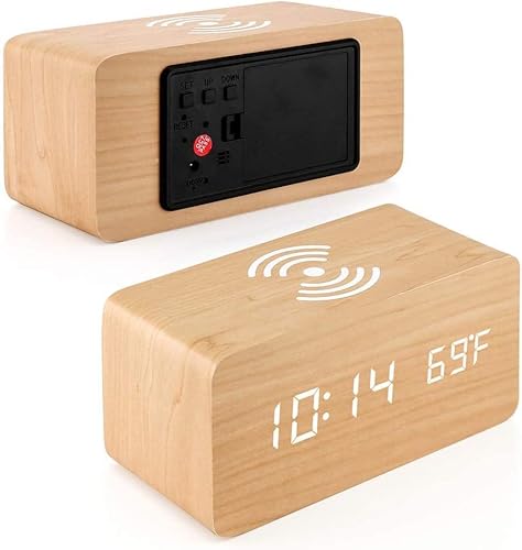 Wooden Digital Alarm Clock With Wireless Charging Pad For Bedroom For Iphone, Samsung, Item Bros Wood Led Clock With Sound Control Function, Time, Date, And Temperature Display (Bamboo Color) #TOP5