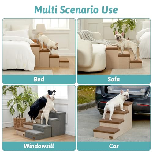 Image of Dog Stairs with Storage, 3-Step Wider Sturdy Dog Steps for Small /Medium /Large Dogs and Older Cats, Folding Doggie Ramp for Bed /Couch /Car Hold Up to 180 lbs (16.7 inch H, Brown)