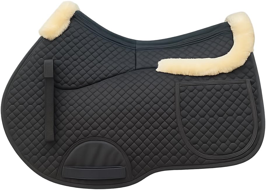 Universal English Saddle Pad with Adjustable Shims, Faux Shearling Trim, Plush Faux Wool, 3D Cooling & Non-Slip Tech. Ideal for Dressage, Jumping & Training. Machine Washable