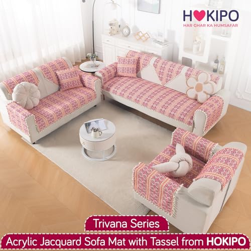 Image of HOKIPO Sofa Backrest Cover with Tassel | 300 GSM Thick Cotton Acrylic Jacquard Fabric Backrest Mat, Size 55x70 cm,'Trivana Series' Cherry Red (IN-932-J8)