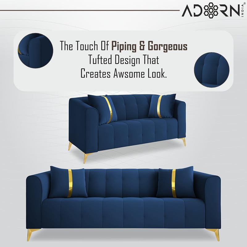 Image of Adorn India Premium Mystic - 3 Years Warranty - 3+2+1 Sofa Set Velvet Suede Fabric - Blue