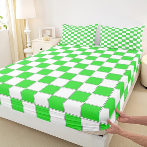 Image of Erosebridal Lime Green Checkered Bedding Set Full Buffalo Plaid Grid Bed Sheets Geometric Gingham Sheet Set Kids Boys Girls,Modern Fashion Fitted Top Sheets 4 Piece