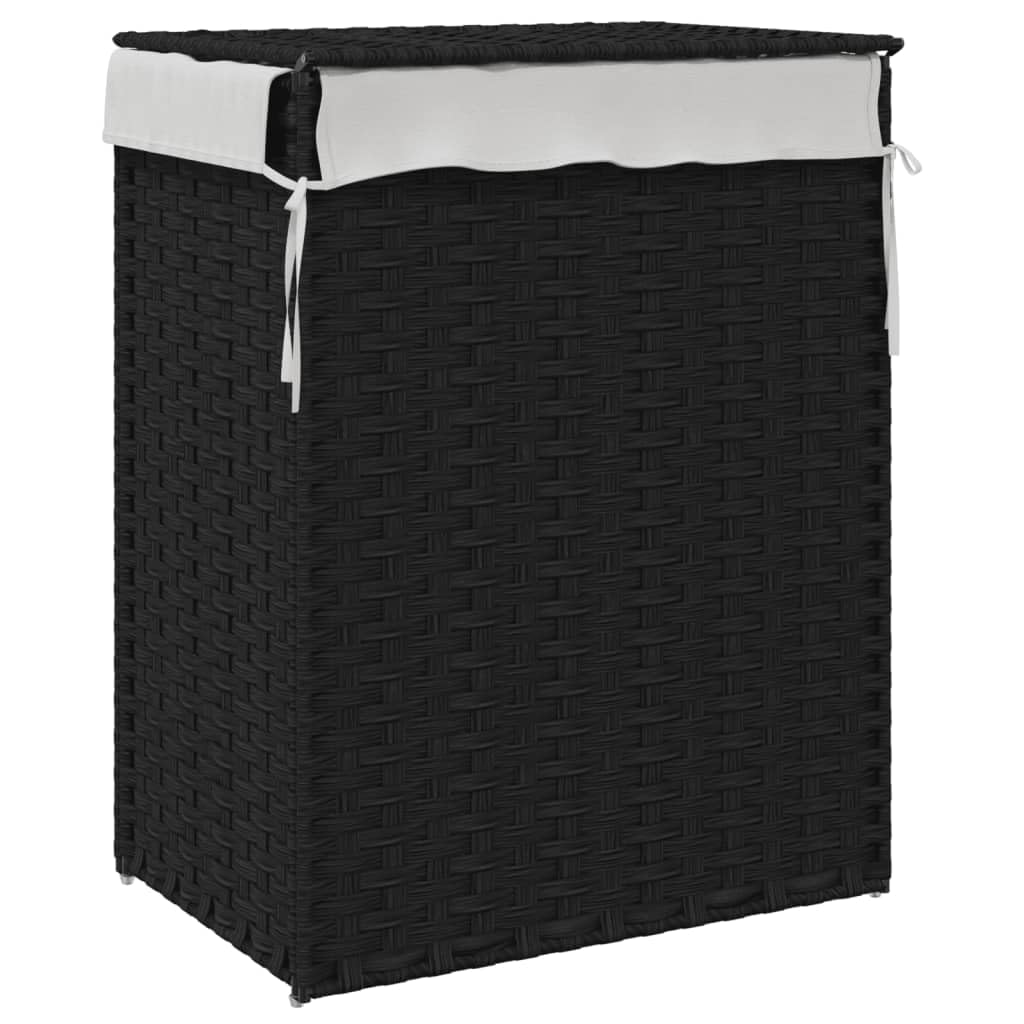 Mangloder - Cesto portabiancheria con coperchio, in polyrattan, nero, 46 x 33 x 60 cm, pieghevole con manico, per la biancheria sporca, per bagno, lavanderia