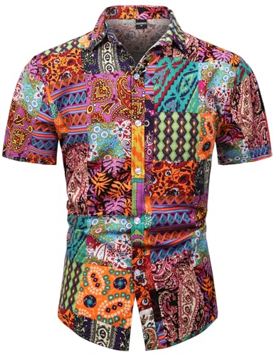 COSAVOROCK Camisa Hippie años 70 Hombre Camisas Flores Funky Casual Estampadas XL