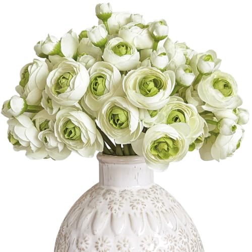 Letjolt Ranunculus Lot de 18 fleurs artificielles en soie verte pour bouquet de mariage, fiançailles, centres de table, arrangements de fête prénuptiale, décoration d'intérieur, vert