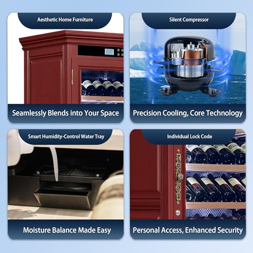 Image of KEIKI Freestanding Wine Refrigerator with Wood Cabinet, 69 Bottle Single Zone Wine Cooler, Humidity Control Tempered Glass Door, LED Light Lockable Pull-Out Shelves, for Home Bar Kitchen, Cherry