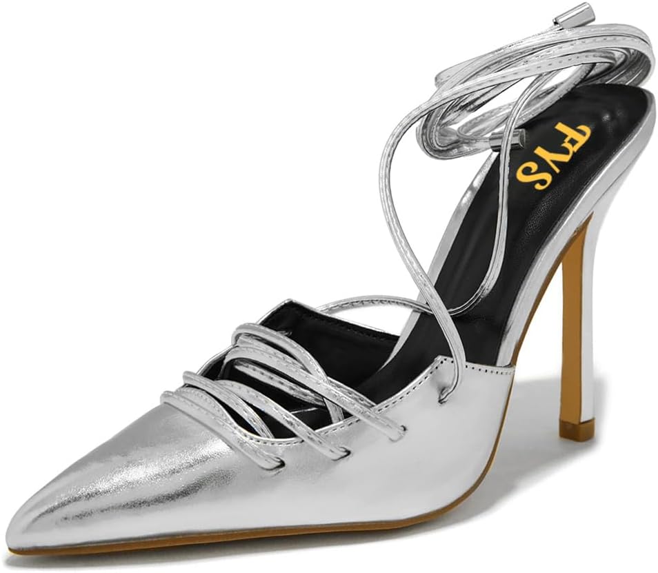 FYS Women's Sparkly Lace Up Pumps Closed Pointed Toe Sandals Stiletttos High Heels Dress Prom Date Party Shoes Size 4-16 US