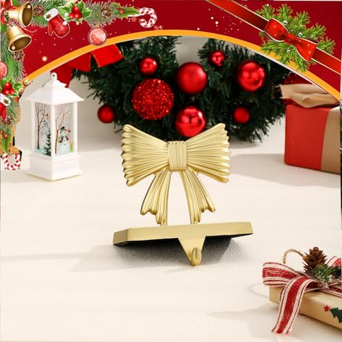 Set of 2 Gold Bow Christmas Stocking Holder Metal Christmas Bow Stocking Holder-Stocking Hanger Hooks for Fireplace Shelf Staircases Party Decoration Christmas Mantel Decor (Gold Bow) by WeddPtyFr - Image 4
