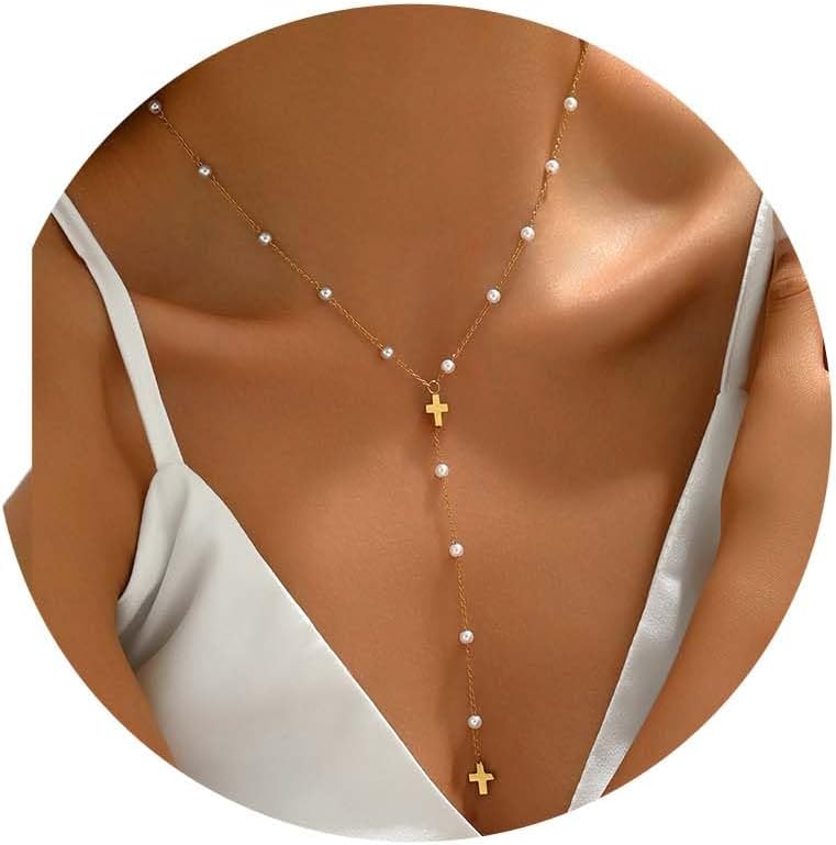 18K Gold Plated Long Lariat Necklace for Women Dainty Y Shaped Pearl Beaded Cross Drop Chain Necklace Stainless Steel Simple Religious Christian Jewelry Christmas Gifts