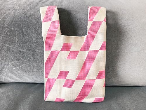 Image of Knot Bag, Mini Knit Tote Bag, Extra Thickened Japanese Knot Bag, Wristlet Handbag, Aesthetic Crochet - 2Pcs Pink Check & Purple Check(Very Small)