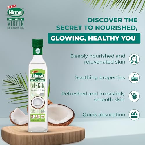 Image of KLF Nirmal Cold Pressed Virgin Coconut Oil | 250 ml | Packaged in Glass Bottle | Great for Cooking, Skin Care & Hair Care | Natural & Edible (Pack of 2)
