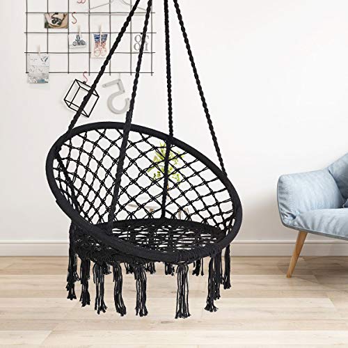 Ldaily Hammock Chair, Outdoor Macrame Swing Chair W/ Backrest & Metal Hoops, Cotton Rope Handwoven Hanging Chair For Bedroom, Balcony, Backyard & Garden, 330Lbs Capacity (Black) #TOP1