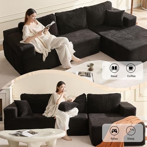 EJC 107 Inches Boneless Couch, Sofa Bed Couch for Living Room with Memory Foam, L Shaped-Right, Corduroy, Black - 5