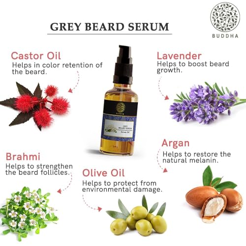 Image of Buddha Natural Grey Beard Serum Oil for White to Black Beard - 100% Natural Herbal Formula with Amla, Brahmi & Almond Oil | Beard Growth & Color Restoring Oil for Men | Turns White Beard to Black - 25 ml