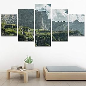 SIGNWIN 5 Panel Canvas Wall Art Mountain Waterfalls...