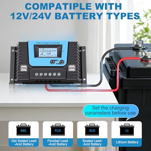 VIXKPIRR 20A Solar Laderegler Mit Bluetooth, PWM 20A Solarladeregler 12V 24V mit Temperatursensor LCD Anzeige und 4 USB Ports,Geeignet Lithium, Blei-Säure, Gel-Batterie