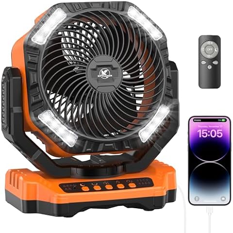 40000mAh Rechargeable Fan, Battery Operated Oscillating Outdoor Fan, Battery Powered Table Fan for Home Hurricane Jobsite Garage, Portable Tent Fan with Remote Light Hook for Camping Trip RV Cover