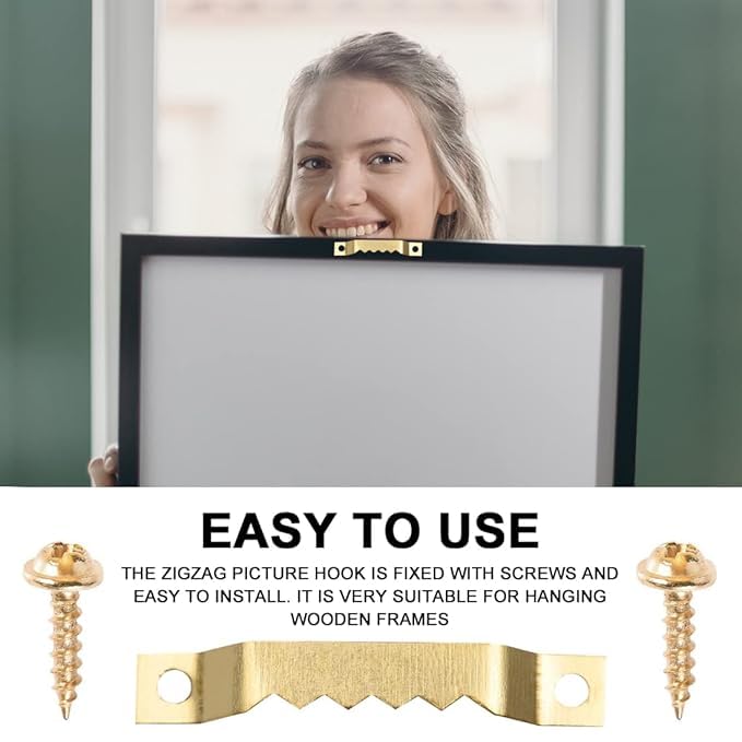 Image of CREDLY 100 Pack Small Sawtooth Picture Hangers Steel Picture Hanging Picture Frames Hangers with Screws Picture Hang Solutions, for Hanging Clock Paintings Artwork Picture Frame Hook Photos (Gold)