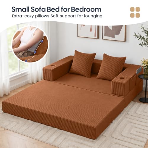 Image of COMAX Futon Sofa Bed, Convertible Sofa Bed, Folding Boneless Couches | Boneless Couch for living room, Fold Out Small Foldable Loveseat Floor Sleeper Mattress Lounge Space‑Saving, Orange