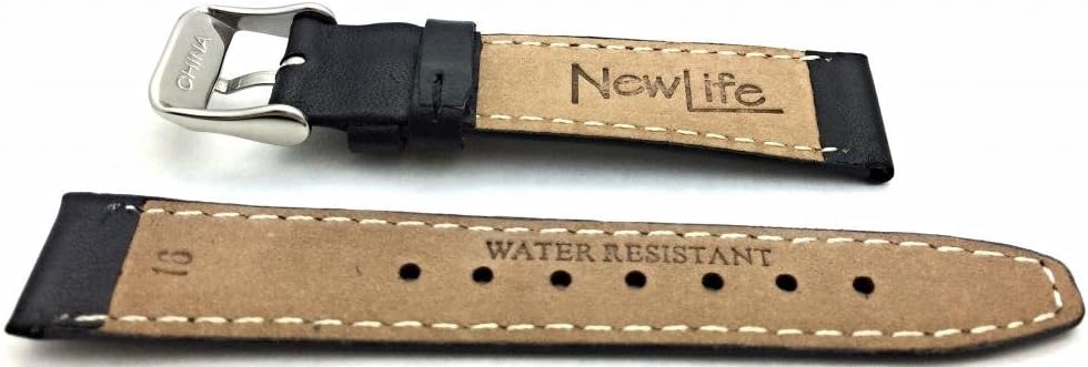 NewLife 16mm Short, Black Genuine Leather Watchband | Flat, Replacement Watchstrap that brings to Any Watch (Mens Short Length)