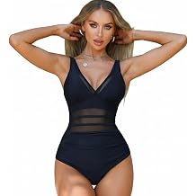 Women Sexy One Piece Swimsuits, V Neck Mesh Sheer Swimming Costume, Sexy Tummy Control Swimwear with Wide Adjustable Straps, Slimming Push Up Bathing Suits