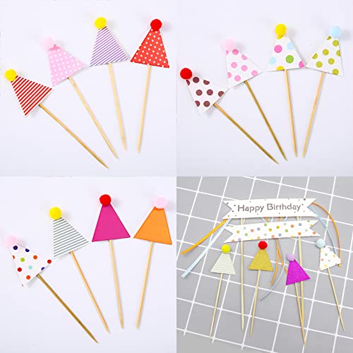 55 Pcs Mini Happy Birthday Cupcake Toppers - Striped & Polka Dot First Birthday Hats & Cake Decorations for Baby Shower Celebration Party Supplies