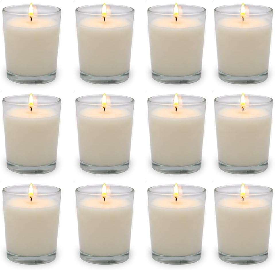 Set of 12 White Votive Candles for Home Décor Weddings Holidays Party and DIY, Unscented Soy Wax Candle Filled in Clear Glass