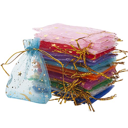MOTYAWN 100 Pcs Sheer Organza Bags with Drawstring Gold Star Moon Print Gift Jewelry Pouches for Wedding Party Christmas Favor Gift Sachet Bags (7x9cm/2 x3) by MOTYAWN - Used condition - US$8.46
