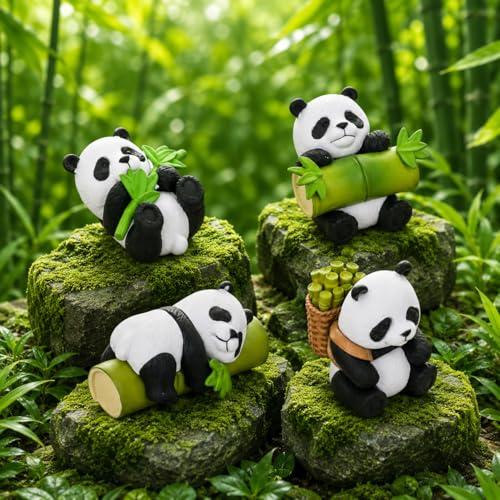 Image of Cute Panda Miniature Figurines for Home Decor | Kawaii Pandas Showpieces with Bamboo | Animal Statues for Desk, Car Dashboard, Shelf Decoration for Girlfriend, Boyfriend, Kids (4 Cute Panda)