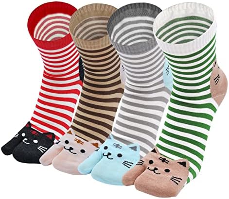 PUTUO Flip Flop Tabi Socks: Women Split Toe Socks Cotton Japanese Geta Socks Ladies Novelty Two Toe Socks with Funny Pattern, Size 4-9, 4 pairs