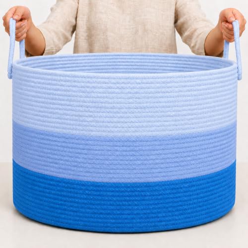 Image of OrganiHaus Round Toy Basket & Blanket Basket, Cotton Rope 20x13 inch | 3-Toned Blue - Round Cotton Rope Basket, 20x13 inch