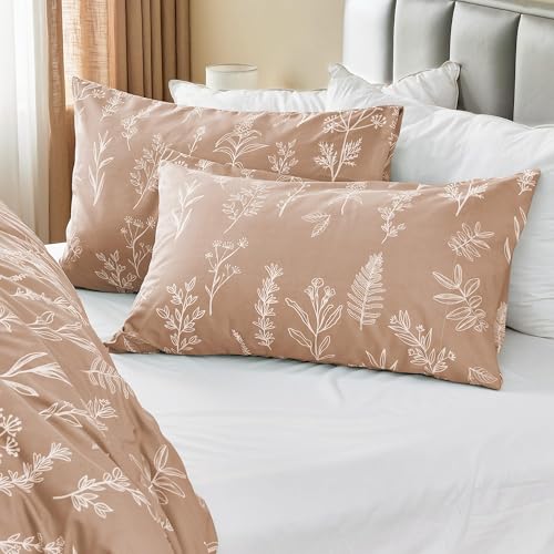 MUXHOMO Duvet Cover Full Size, Reversible Floral Rosy Gold Duvet Cover Set with Zipper Closure, 3 Pieces Botanical Patterns Soft Microfiber Bedding Set with 4 Ties (80"x90", 2 Pillow Cases)