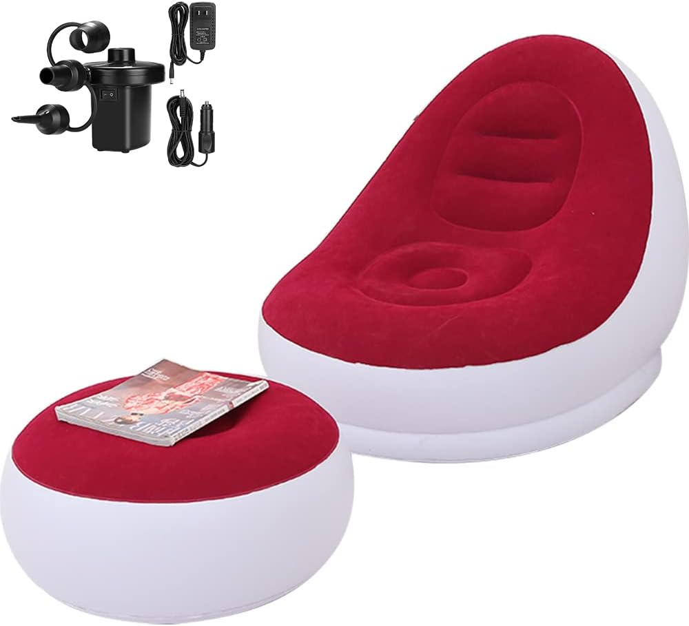 Inflatable Deck Chairs with Air Pump, Inflatable Patio Lounge Chairs for Indoor Living Room Bedroom, Outdoor Travel Camping Picnic Beach Chaise Lounges (Red)