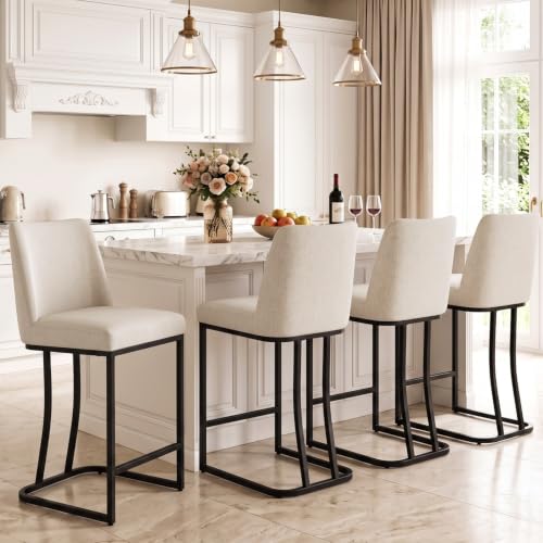 KRAMZMING Counter Height Bar Stools Set of 4, 24 Inch Seat Height Bar Chairs for Kitchen Island, Linen Fabric Upholstered Barstools with Metal Feet for Dining Room, Beige