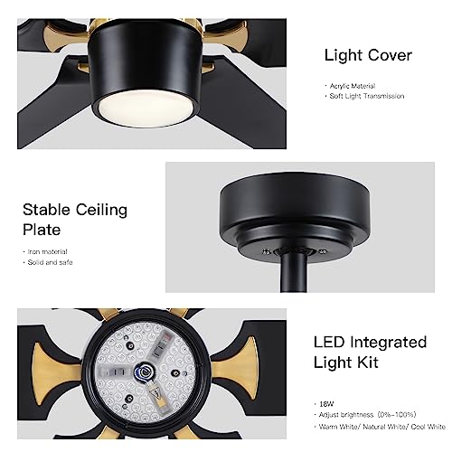 Pochfan 60 Inch Ceiling Fan With Light And Remote Control, Large Modern Black Gold Ceiling Fans, Dimmable 3-Color Reversible Blades 6 Speed Quiet Dc Motor For Bedroom Living Room Patio Hall #TOP6