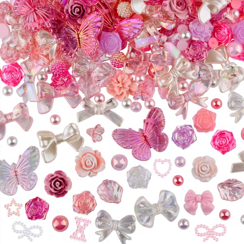 Kikonoke 350 Pieces 3D Resin Abs Colorful Rose Flower Bows Butterfly Charms With Flatback Half Round Pearl Beads For Bracelet Earring Necklace Craft Diy Making Supplies (Pink) #TOP1